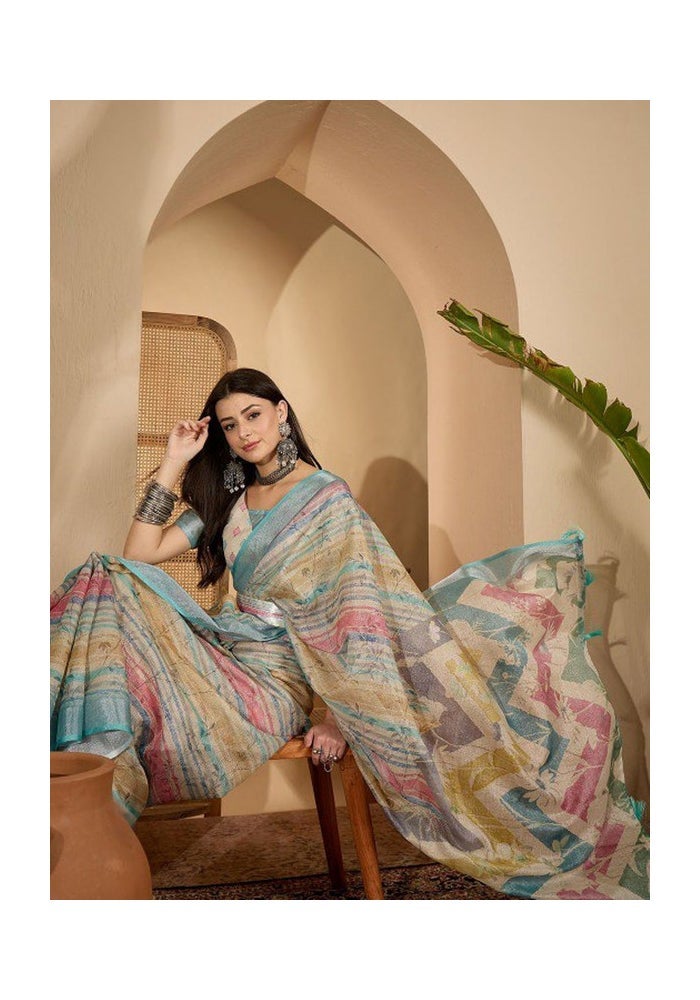 Malishka Export Beige Linen Cotton Digital Print Saree for Women - Image 4